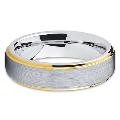 Gray Wedding Band - Tungsten Wedding Band - Yellow Gold Tungsten - Brush - Clean Casting Jewelry
