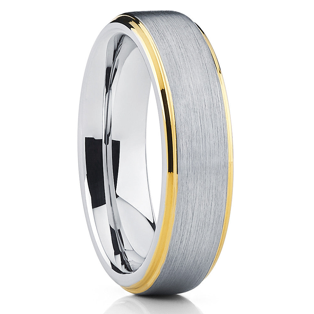 Gray Wedding Band - Tungsten Wedding Band - Yellow Gold Tungsten - Brush - Clean Casting Jewelry
