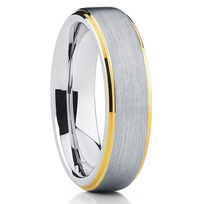 Gray Wedding Band - Tungsten Wedding Band - Yellow Gold Tungsten - Brush - Clean Casting Jewelry