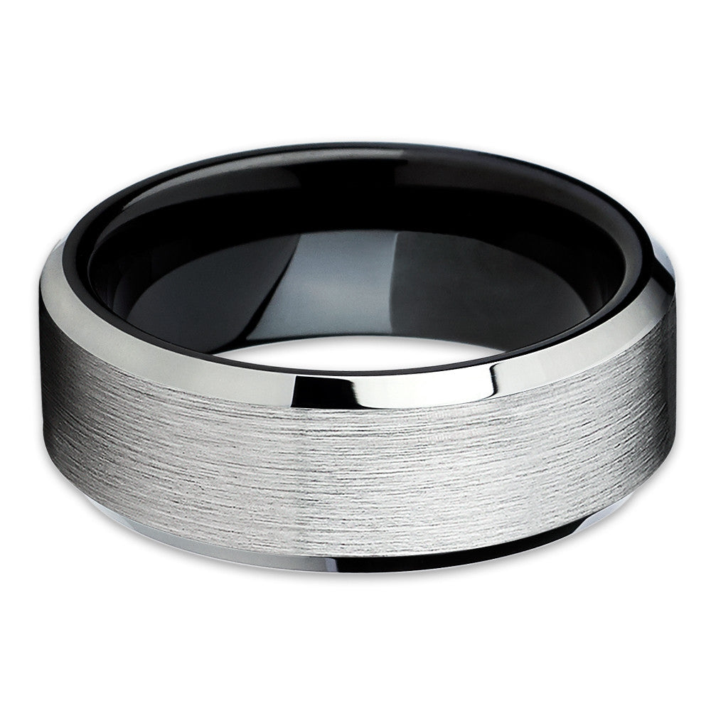 Black Tungsten Wedding Band - Tungsten Carbide Ring - Brushed - Silver - Clean Casting Jewelry