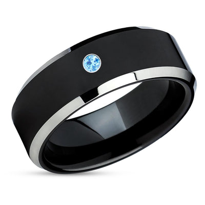 Black Tungsten Band - Aquamarine Tungsten Wedding Band - Black Tungsten Ring - Black