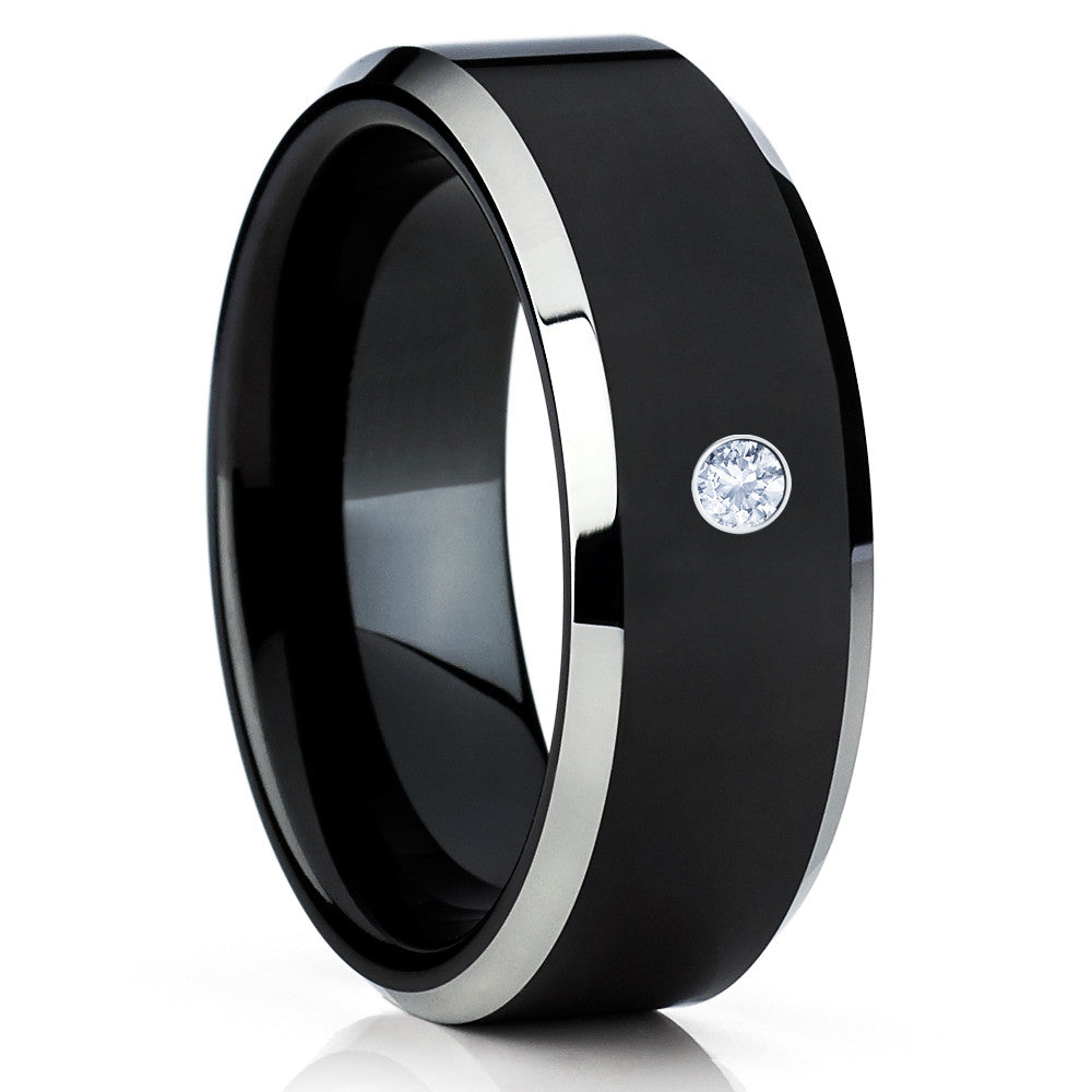 Black Tungsten Ring - White Diamond Tungsten Ring - Black Tungsten Band - 8mm & 6mm