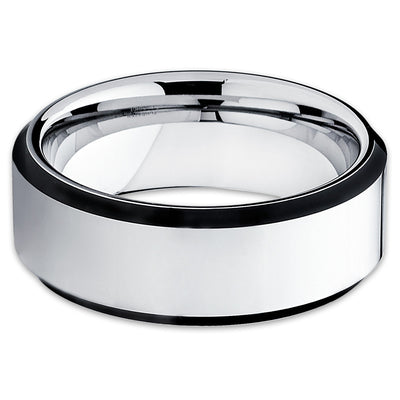 8mm - Silver Tungsten Ring - Black Tungsten - Tungsten Wedding Band - Clean Casting Jewelry
