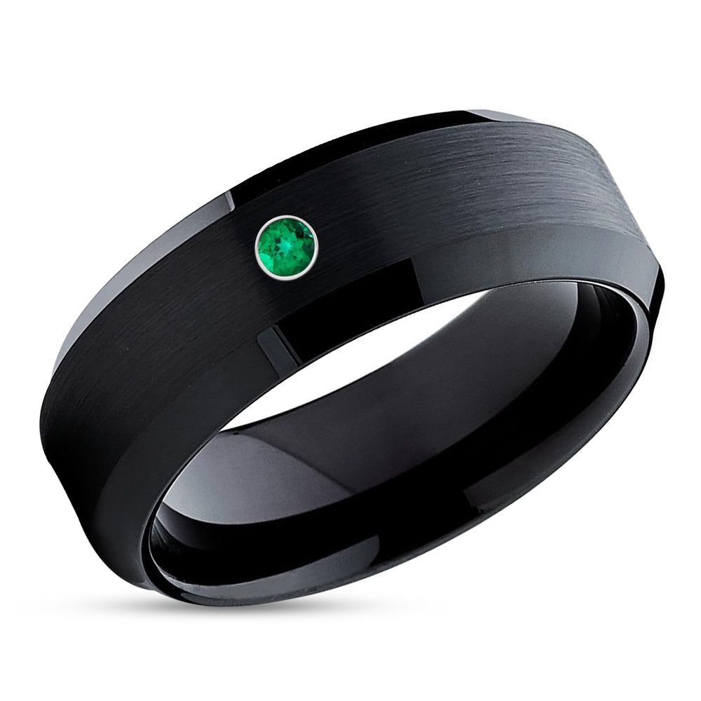 Black Wedding Ring - Black Tungsten Ring - Emerald Wedding Ring - Tungsten Wedding Ring