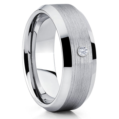 Silver Tungsten Ring - White Diamond Tungsten Ring - Silver Tungsten Band - Clean Casting Jewelry