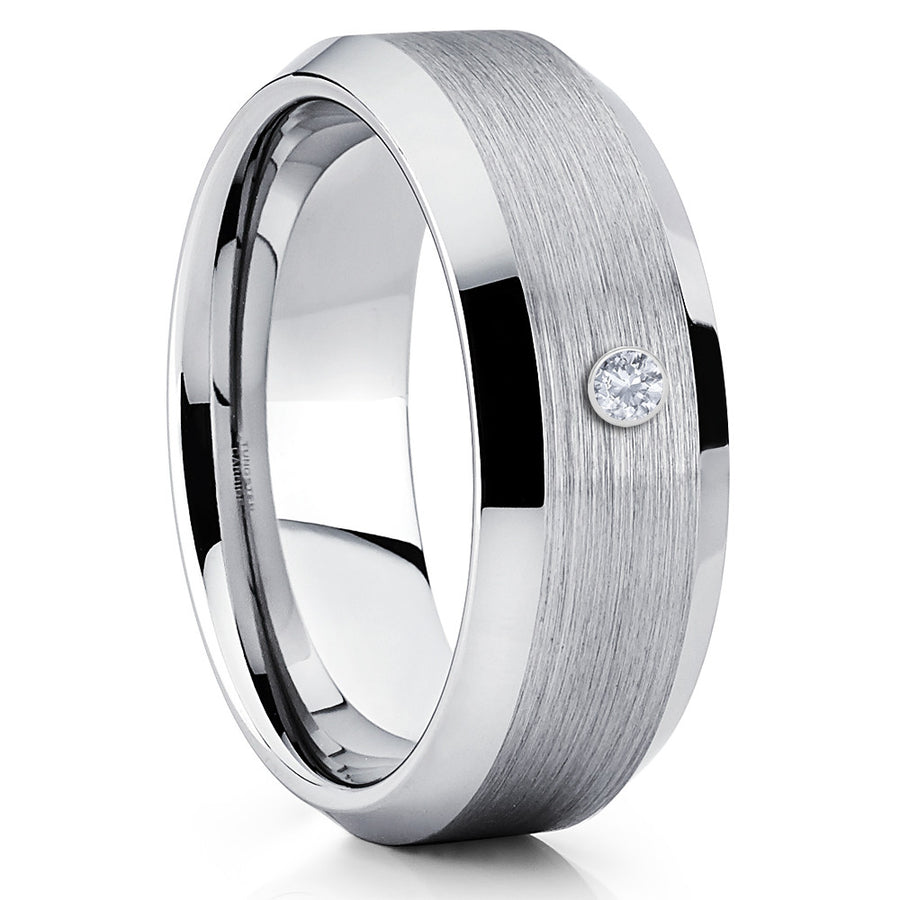 Silver Tungsten Ring - White Diamond Tungsten Ring - Silver Tungsten Band - Clean Casting Jewelry