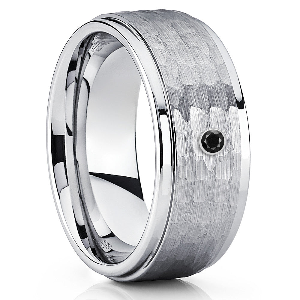9mm - Black Tungsten Ring - Hammered Ring - Tungsten Band - Black Diamond - Clean Casting Jewelry