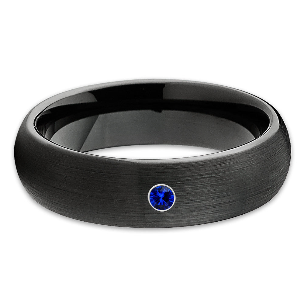 Blue Sapphire Ring - Black Tungsten Ring - Black Wedding Band - Brush - Clean Casting Jewelry