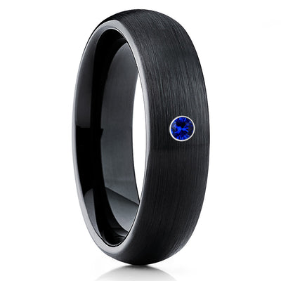 Blue Sapphire Ring - Black Tungsten Ring - Black Wedding Band - Brush - Clean Casting Jewelry