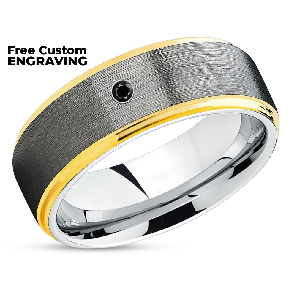 Black Diamond Wedding Ring - Yellow Gold Ring - Tungsten Wedding Band - Gray Ring