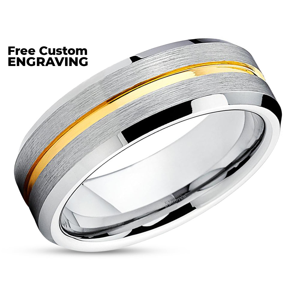 Yellow Gold Tungsten - 7mm - Tungsten Wedding Band - Silver Brush Ring - Wedding Ring