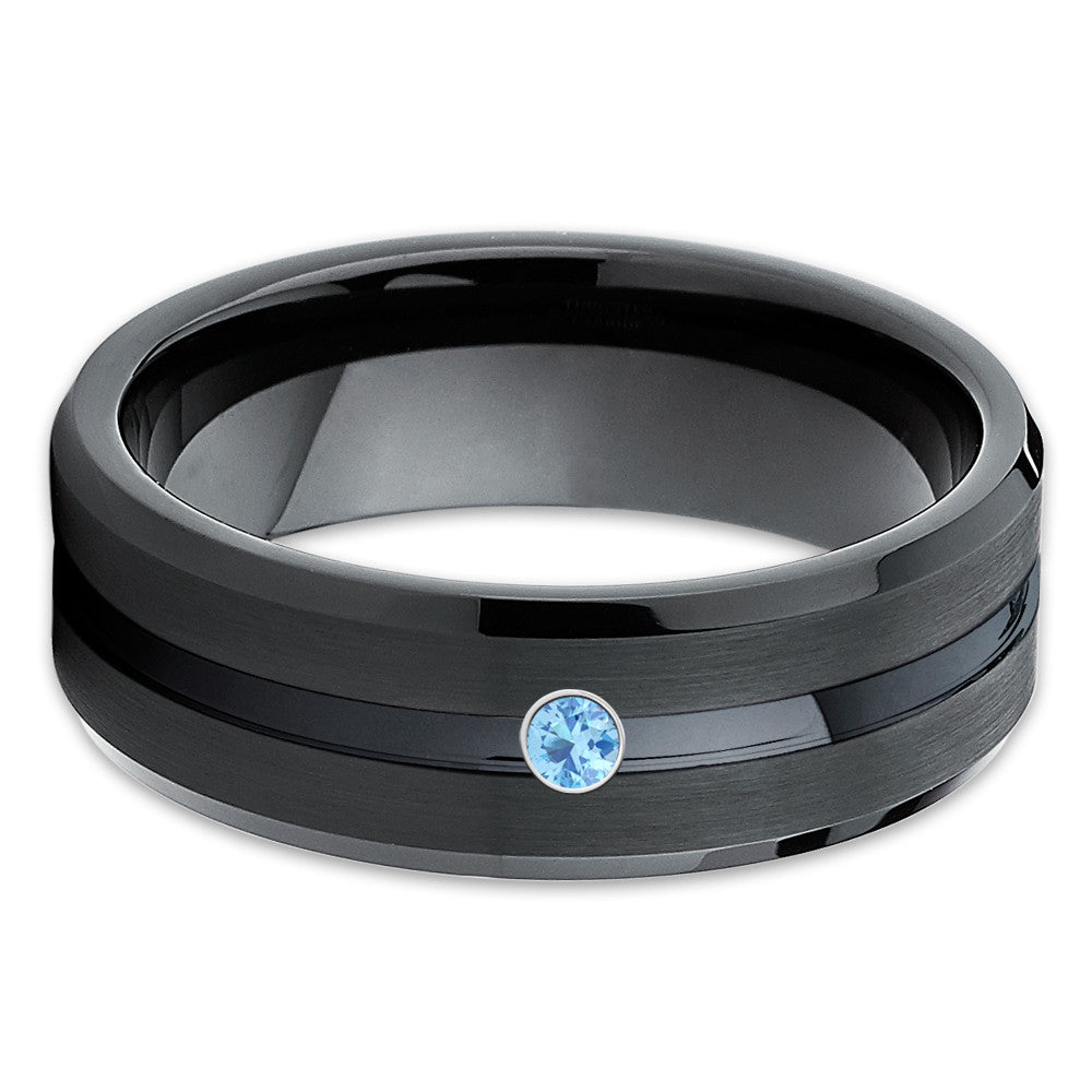 Black Tungsten Wedding Band - Aquamarine Wedding Band - Black Tungsten - Clean Casting Jewelry