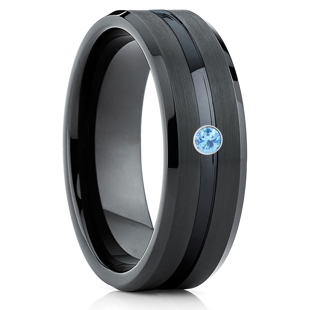 Black Tungsten Wedding Band - Aquamarine Wedding Band - Black Tungsten - Clean Casting Jewelry