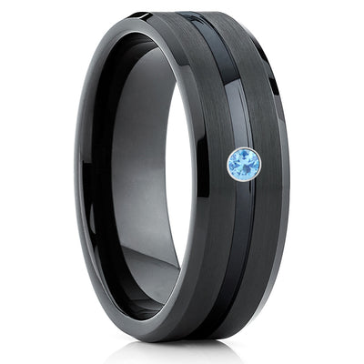 Black Tungsten Wedding Band - Aquamarine Wedding Band - Black Tungsten - Clean Casting Jewelry