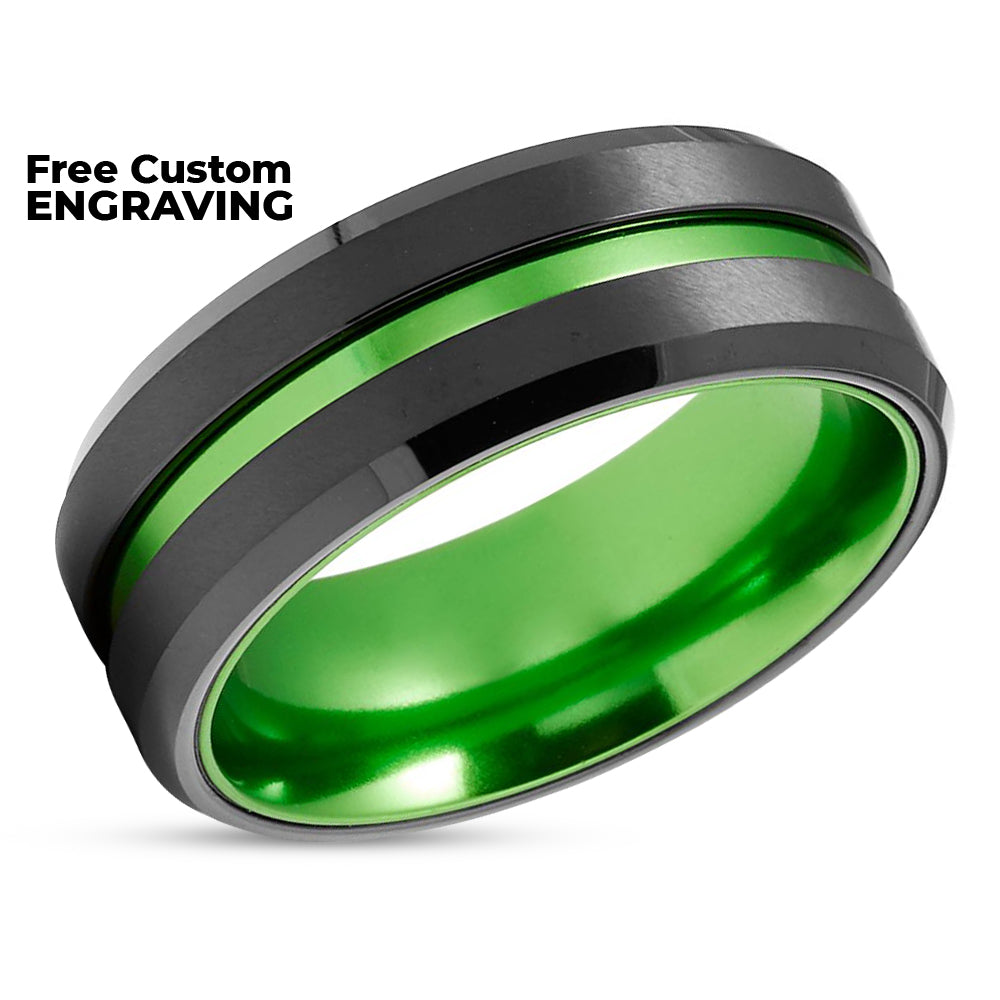 Black Tungsten Wedding Band - Green Tungsten Ring - Green Wedding Ring - Black Wedding Ring