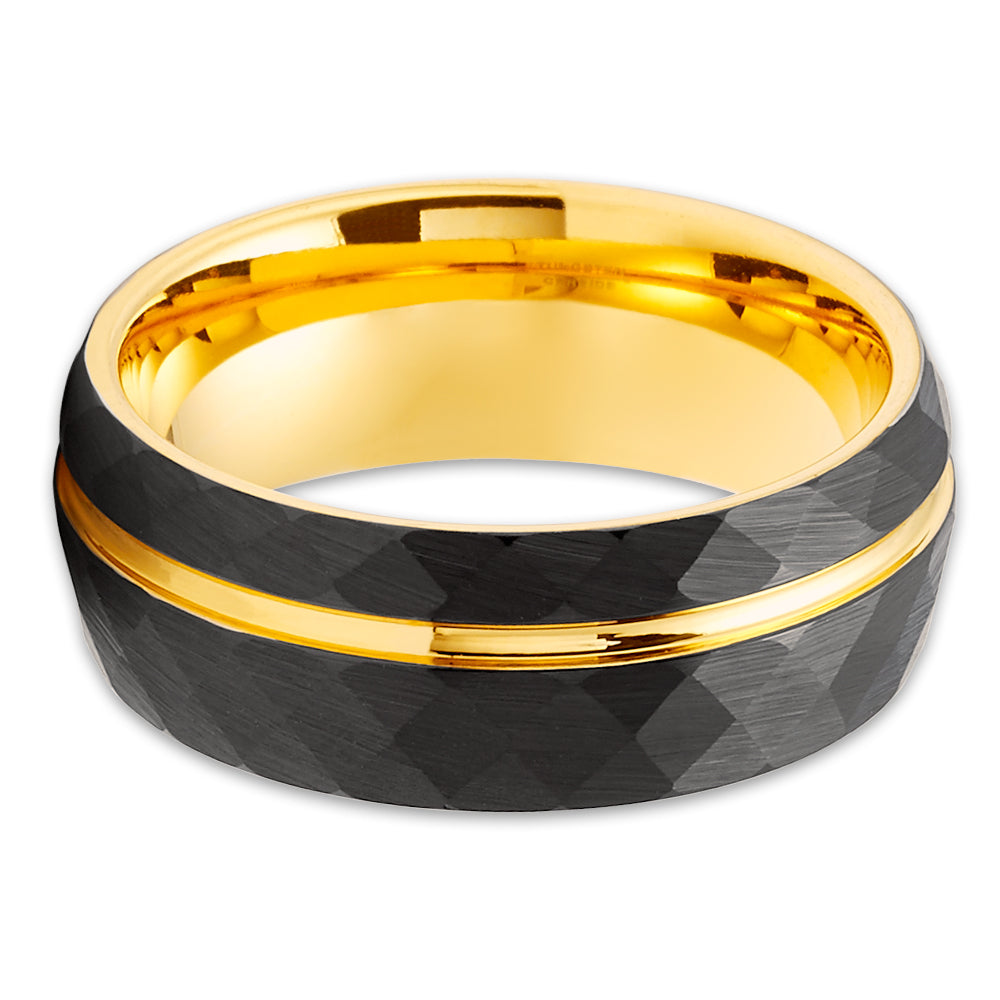 Yellow Gold Tungsten Ring - Hammered Ring - 8mm Black Tungsten Ring - Yellow Gold