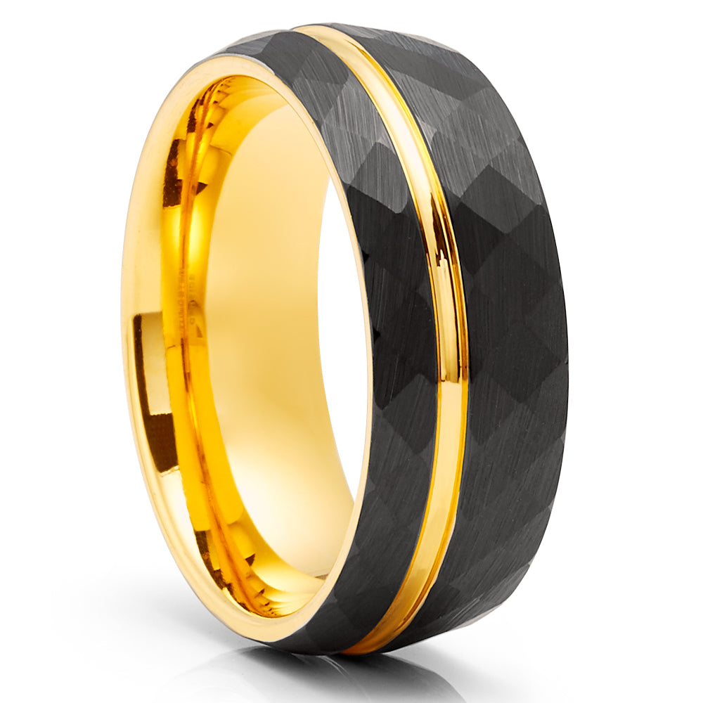 Yellow Gold Tungsten Ring - Hammered Ring - 8mm Black Tungsten Ring - Yellow Gold