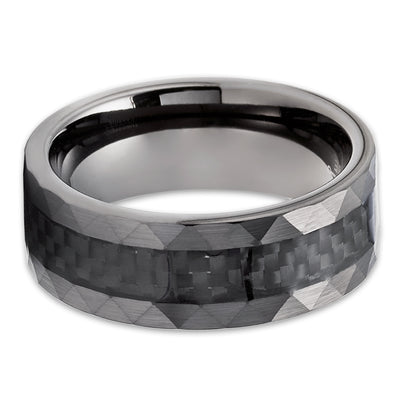 Gunmetal Tungsten Ring - Carbon Fiber Tungsten Ring - 8mm Wedding Ring - Hammered Edges