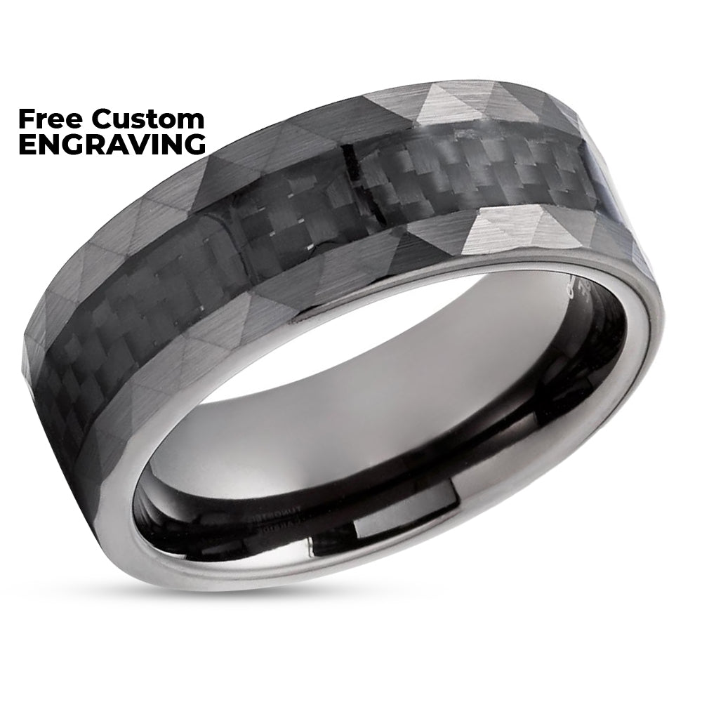 Gunmetal Tungsten Ring - Carbon Fiber Tungsten Ring - 8mm Wedding Ring - Hammered Edges