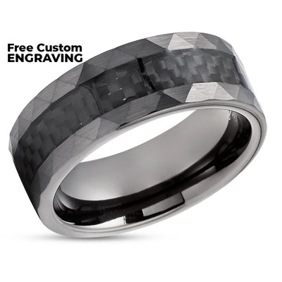 Gunmetal Tungsten Ring - Carbon Fiber Tungsten Ring - 8mm Wedding Ring - Hammered Edges