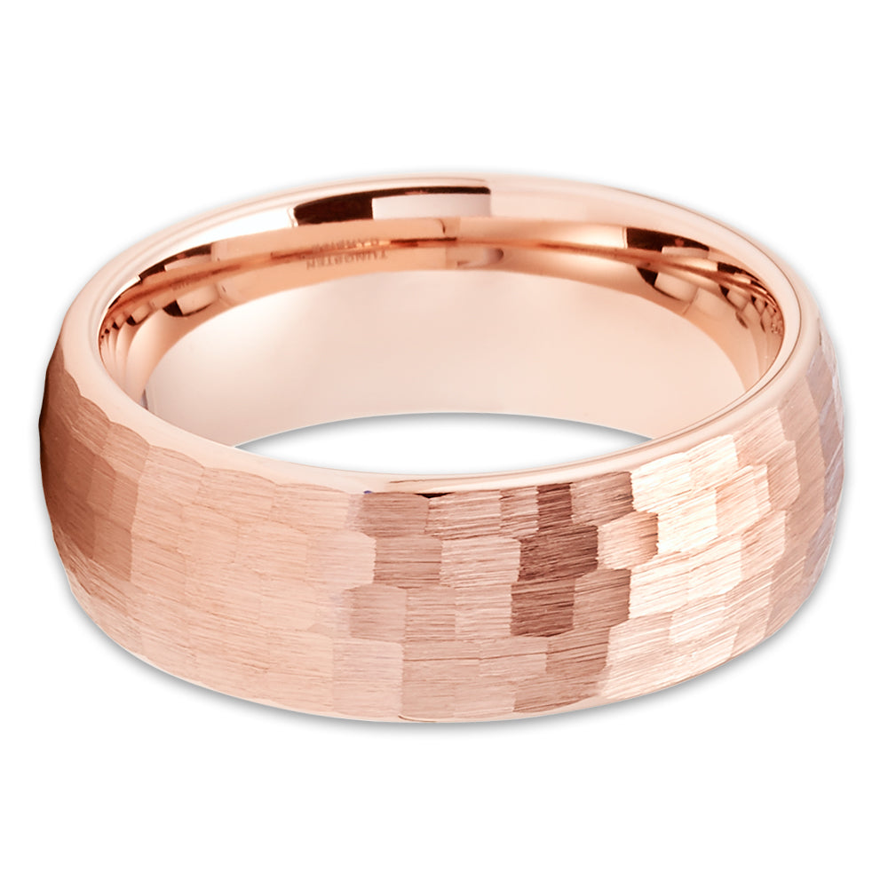 Rose Gold Tungsten Wedding Ring - Hammered Tungsten Ring - Rose Gold Band - Dome Ring