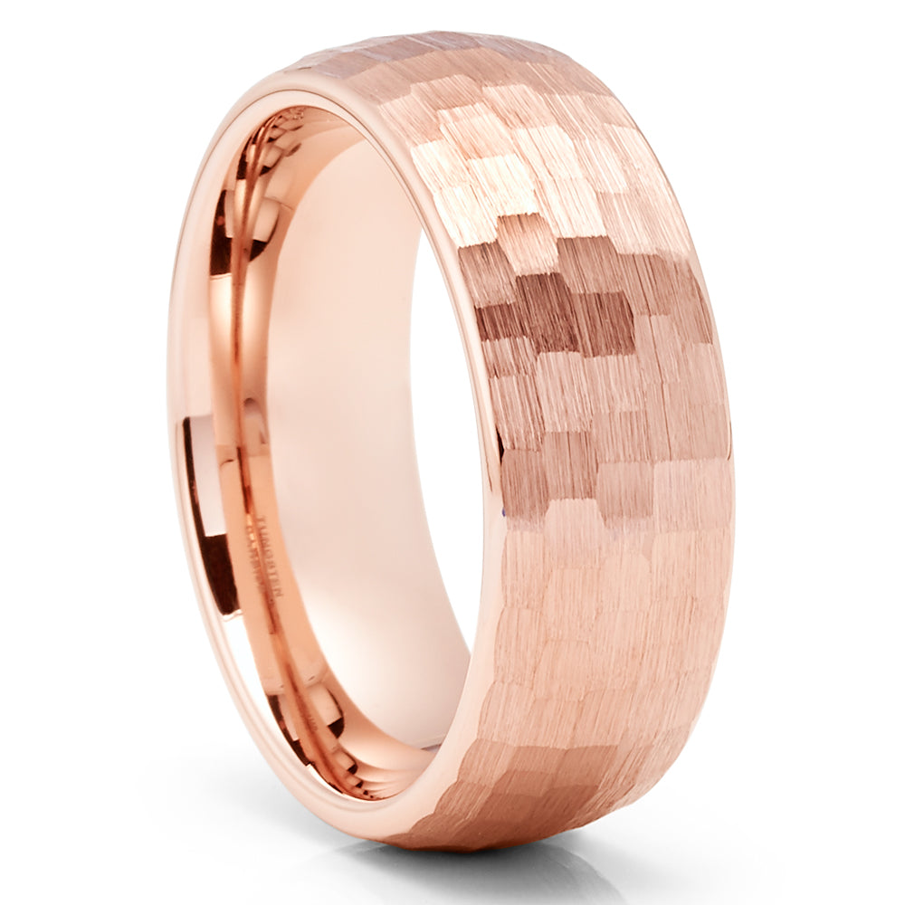 Rose Gold Tungsten Wedding Ring - Hammered Tungsten Ring - Rose Gold Band - Dome Ring