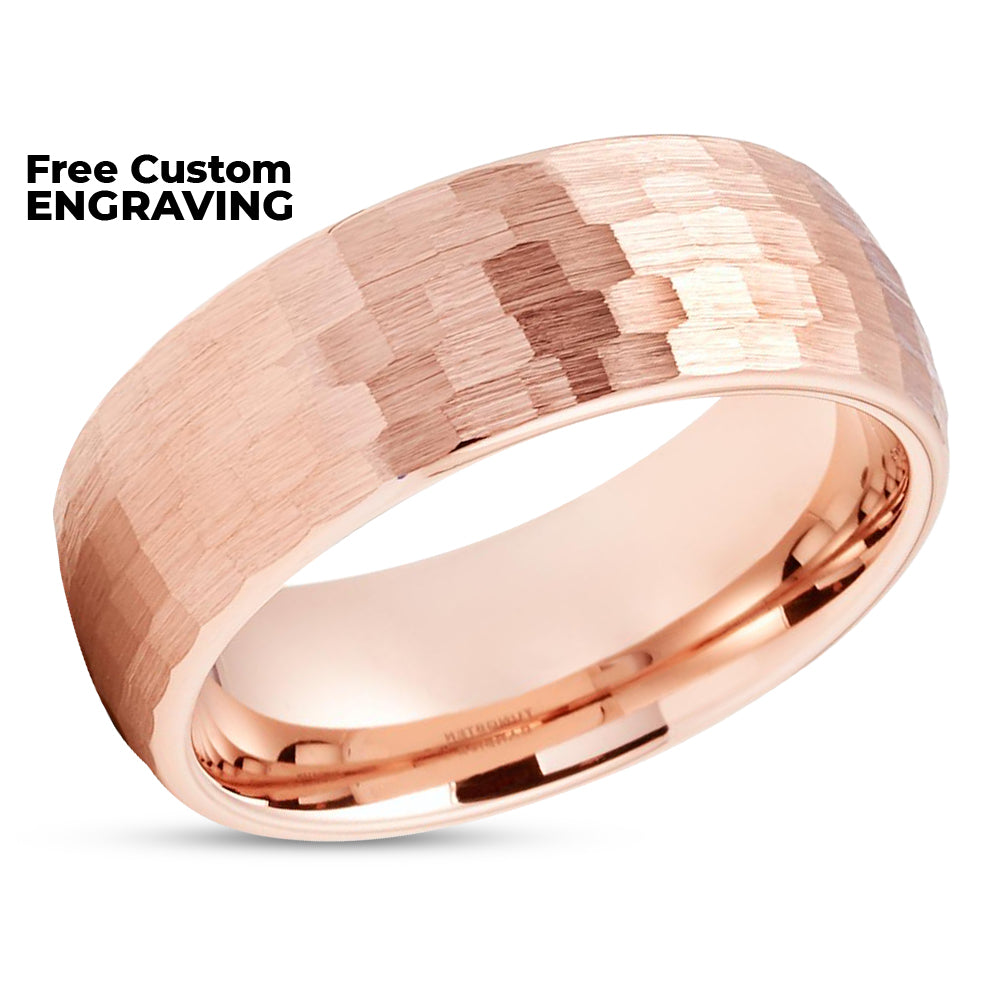 Rose Gold Tungsten Wedding Ring - Hammered Tungsten Ring - Rose Gold Band - Dome Ring