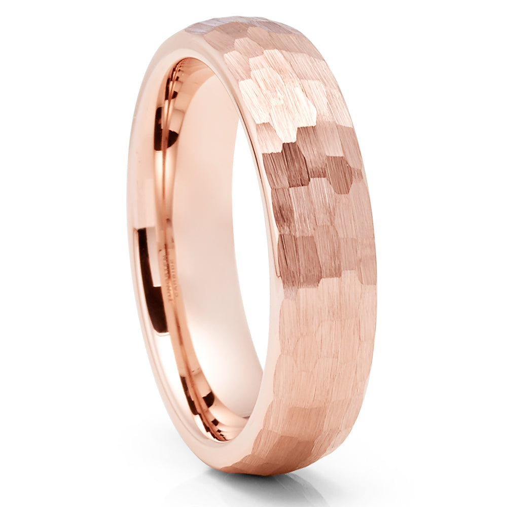 Rose Gold Tungsten Wedding Ring - Hammered Tungsten Ring - Rose Gold Band - Dome Ring