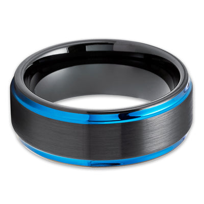 Black Tungsten Ring - Blue Wedding Band - Tungsten Carbide Ring - Blue Band - Ring