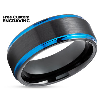 Black Tungsten Ring - Blue Wedding Band - Tungsten Carbide Ring - Blue Band - Ring