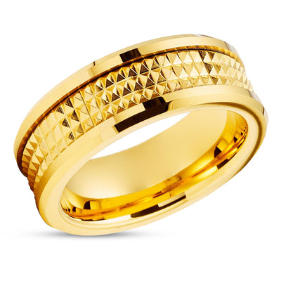 Yellow Gold Tungsten Wedding Ring - 8mm Yellow Gold Ring - Spike Design - Unique Ring