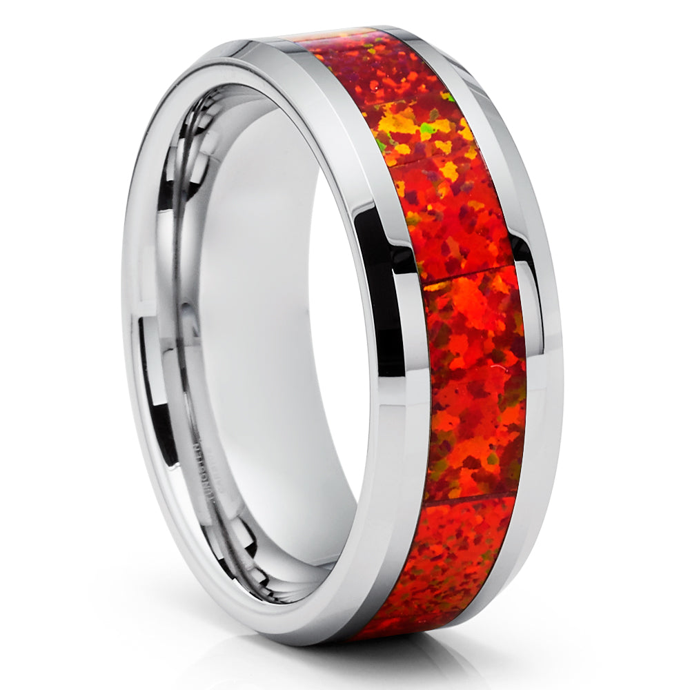 Opal Tungsten Wedding Rings - Orange Opal Ring- Opal Wedding Band - Rose Gold
