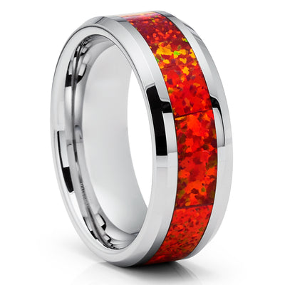 Opal Tungsten Wedding Rings - Orange Opal Ring- Opal Wedding Band - Rose Gold