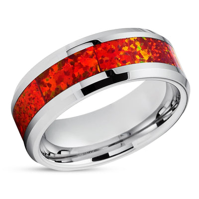 Opal Tungsten Wedding Rings - Orange Opal Ring- Opal Wedding Band - Rose Gold