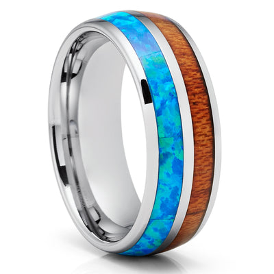 Koa Wood Tungsten Ring - Turquoise Tungsten Ring - Wood Tungsten - 8mm