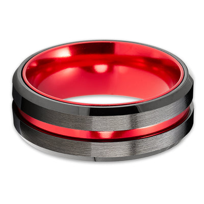 Red Wedding Ring - Gunmetal Wedding Band - Tungsten Wedding Ring - Black Ring - Red Band