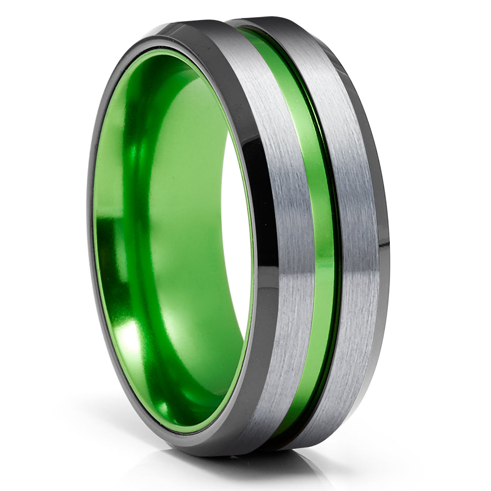 Green Tungsten Ring - Black Tungsten Ring - Green Wedding Band - Tungsten Ring