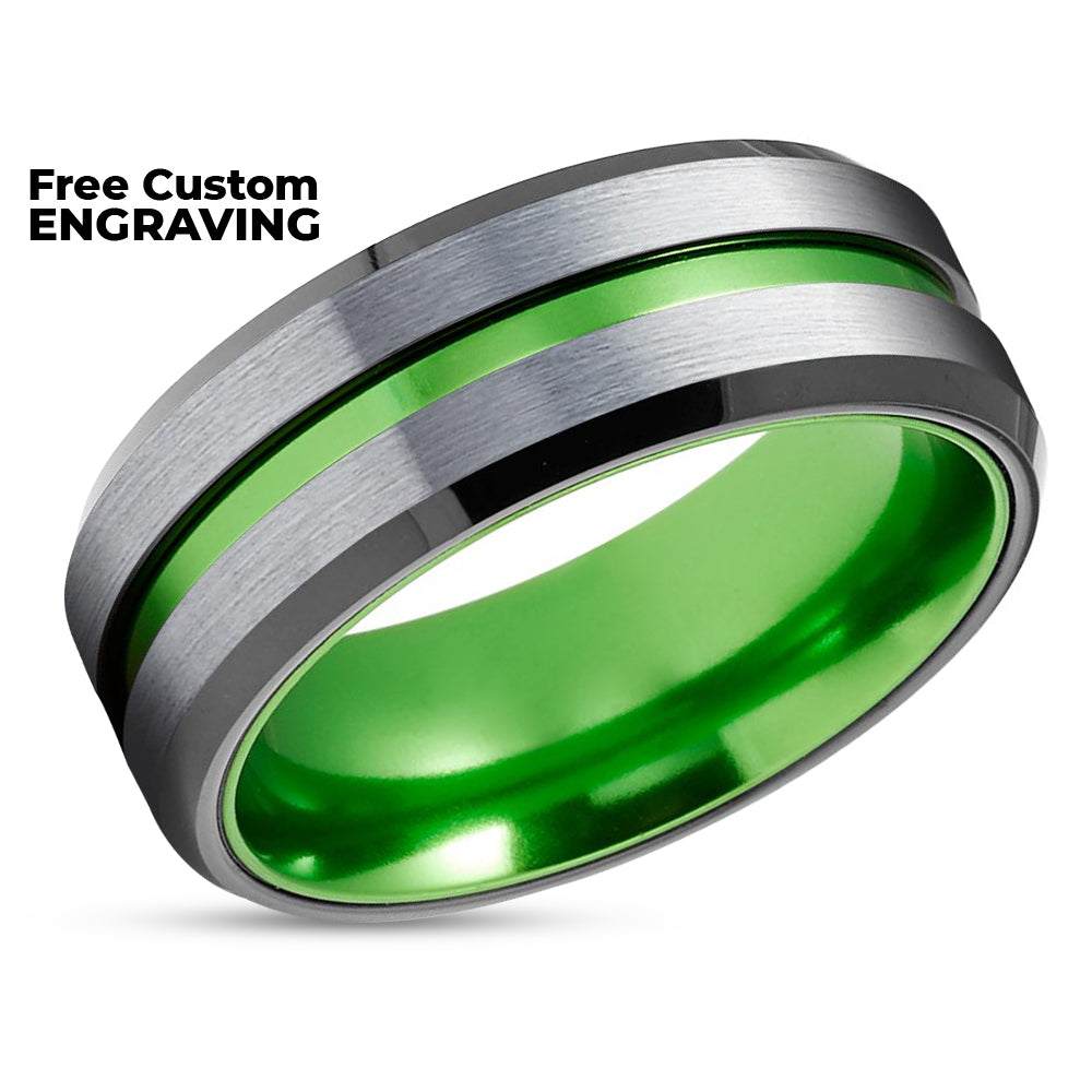 Green Tungsten Ring - Black Tungsten Ring - Green Wedding Band - Tungsten Ring
