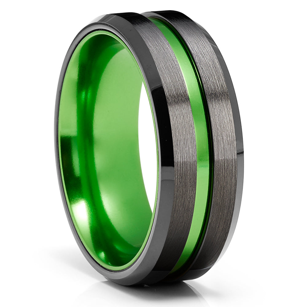 Gunmetal Wedding Ring - Green Tungsten Ring - Black Wedding Ring - Wedding Band