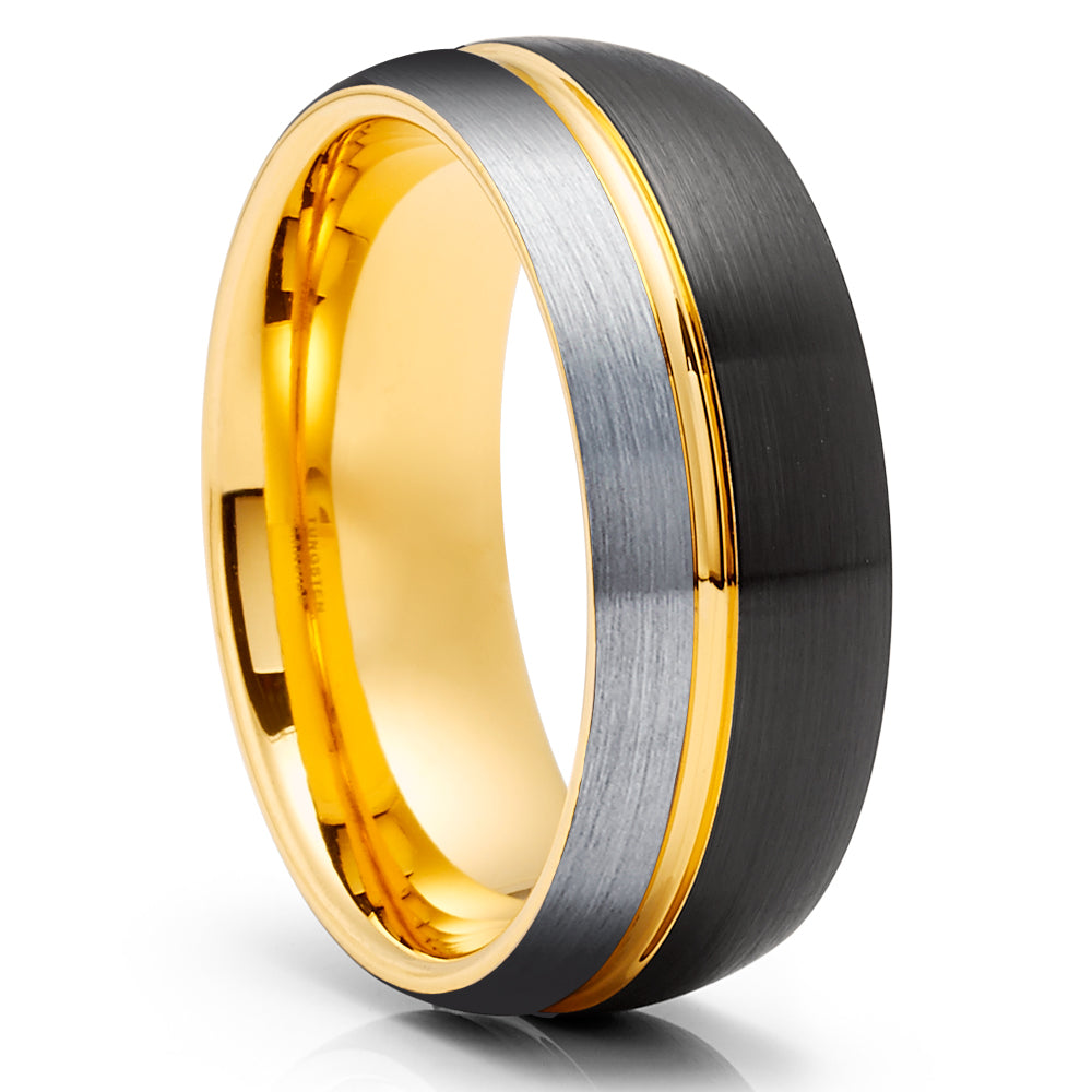 Yellow Gold Wedding Ring - Black Wedding Band - 18k Yellow Gold - Tungsten Ring - Black