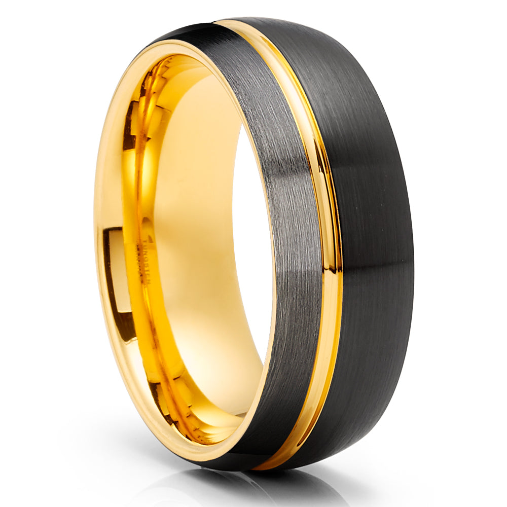 Yellow Gold Tungsten Ring - Gunmetal Tungsten Ring - 8mm Wedding Ring - Black Ring