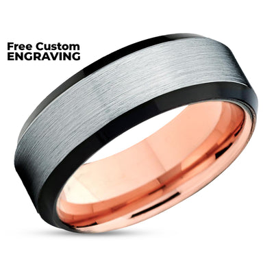 Rose Gold Tungsten Ring - Black - Rose Gold Tungsten Wedding Band - Brush