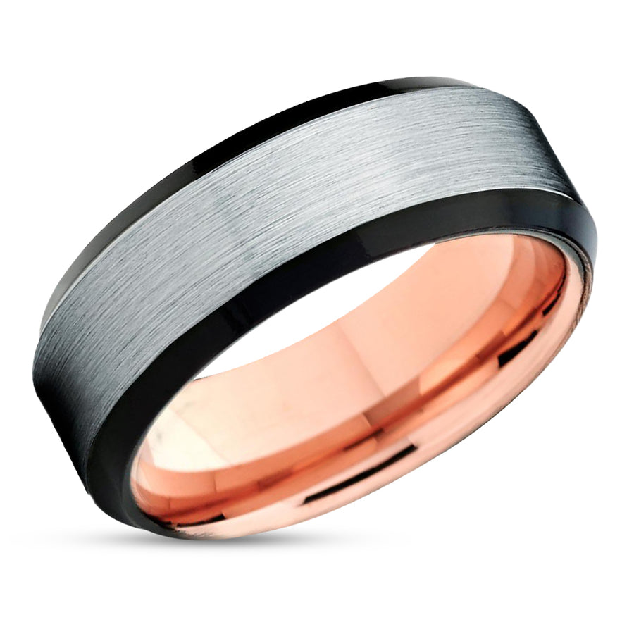 Rose Gold Tungsten Ring - Black - Rose Gold Tungsten Wedding Band - Brush