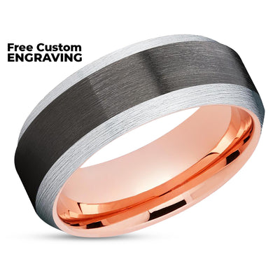 Rose Gold Tungsten Wedding Band - Black Ring - Gunmetal Ring - Wedding Band