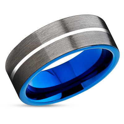 Unique Wedding Band - Gunmetal Wedding Ring - Blue Tungsten Ring - Blue Ring - Brush