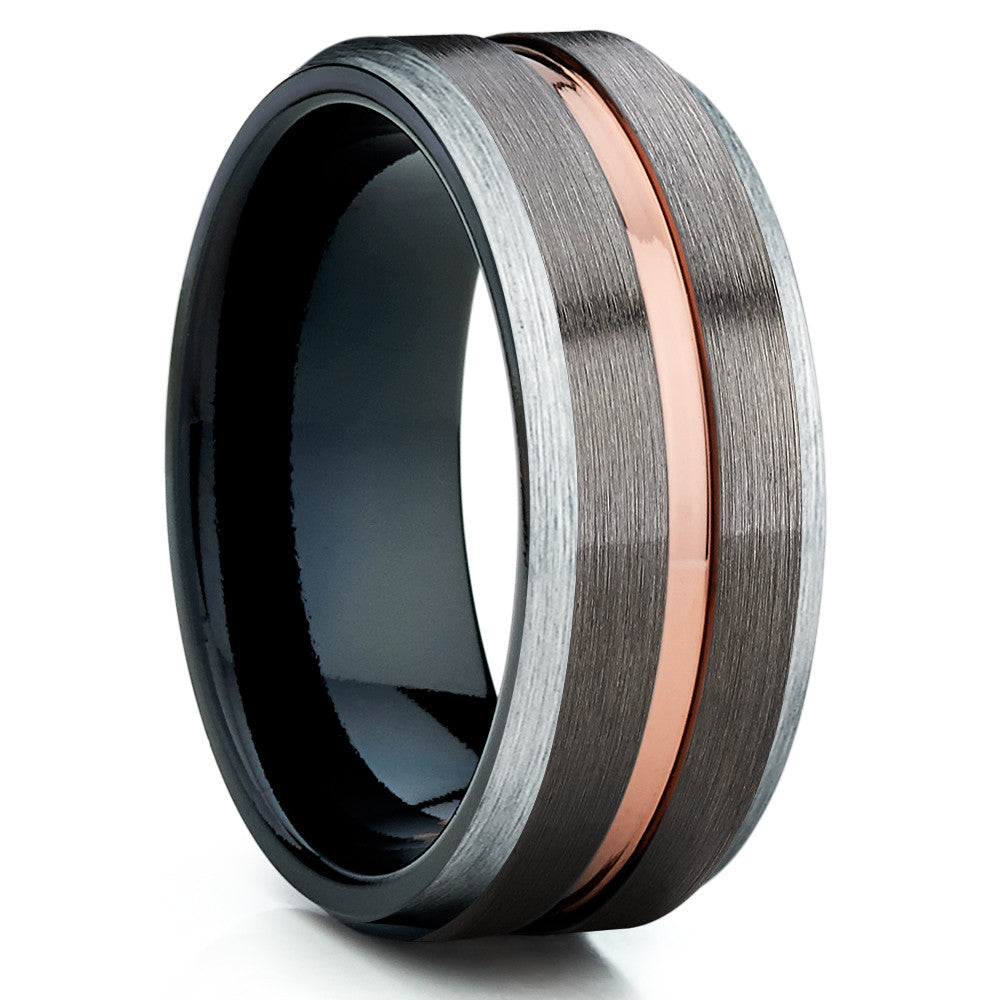 Black Tungsten Wedding Band - Rose Gold Tungsten - Gunmetal Ring - Brush - Clean Casting Jewelry
