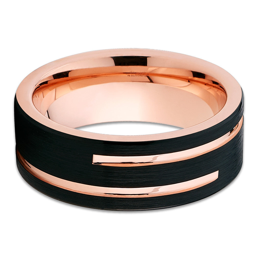8mm Rose Gold Tungsten Wedding Band - Black Tungsten - Men's Ring - Clean Casting Jewelry