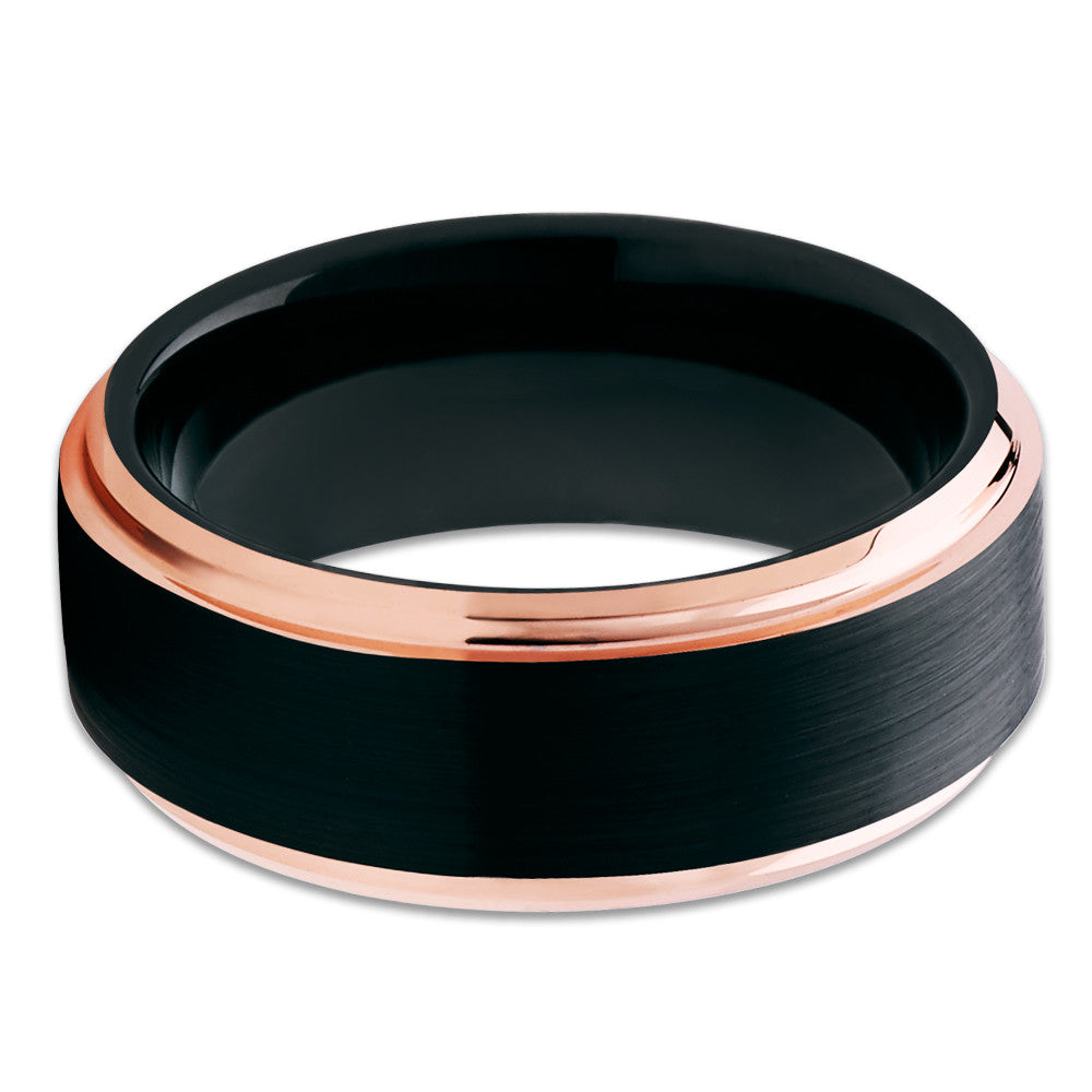 Black Tungsten Wedding Band - Rose Gold Tungsten - Black Brush - Beveled - Clean Casting Jewelry