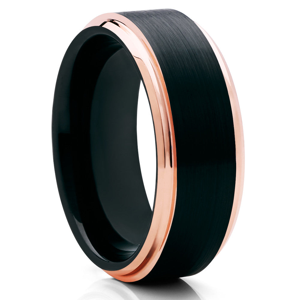 Black Tungsten Wedding Band - Rose Gold Tungsten - Black Brush - Beveled - Clean Casting Jewelry