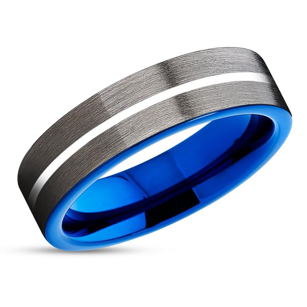 6mm - Blue Tungsten Wedding Band - Gray Tungsten Ring - Blue Wedding Ring